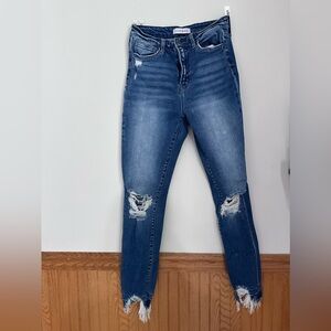 Flying Monkey Women's Skinny Ripped Mid-Blue Jeans
